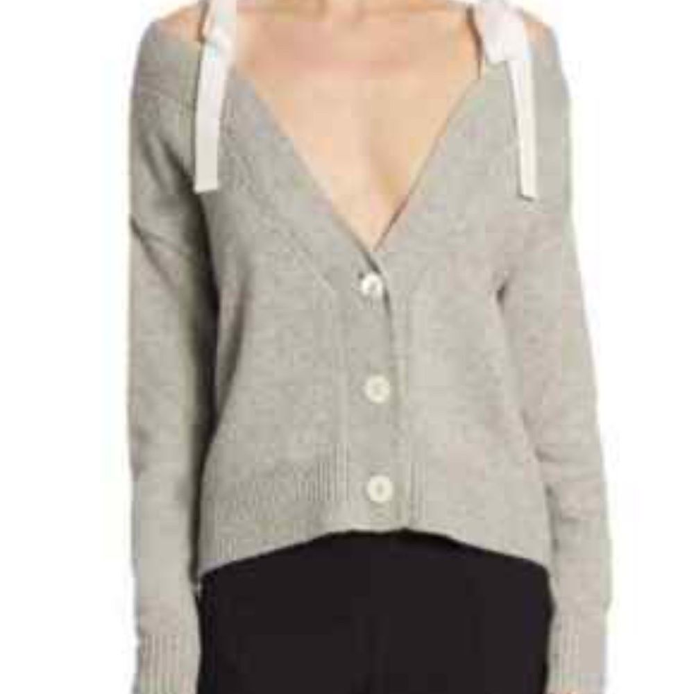 Cinq a Sept Dash Off the Shoulder Cardigan Bow Accents Size L Coquette Feminine